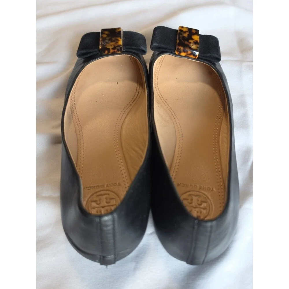 Tory Burch Black Leather Ballet Flats Suede Bow Tortoise Accent Women's 7.5M